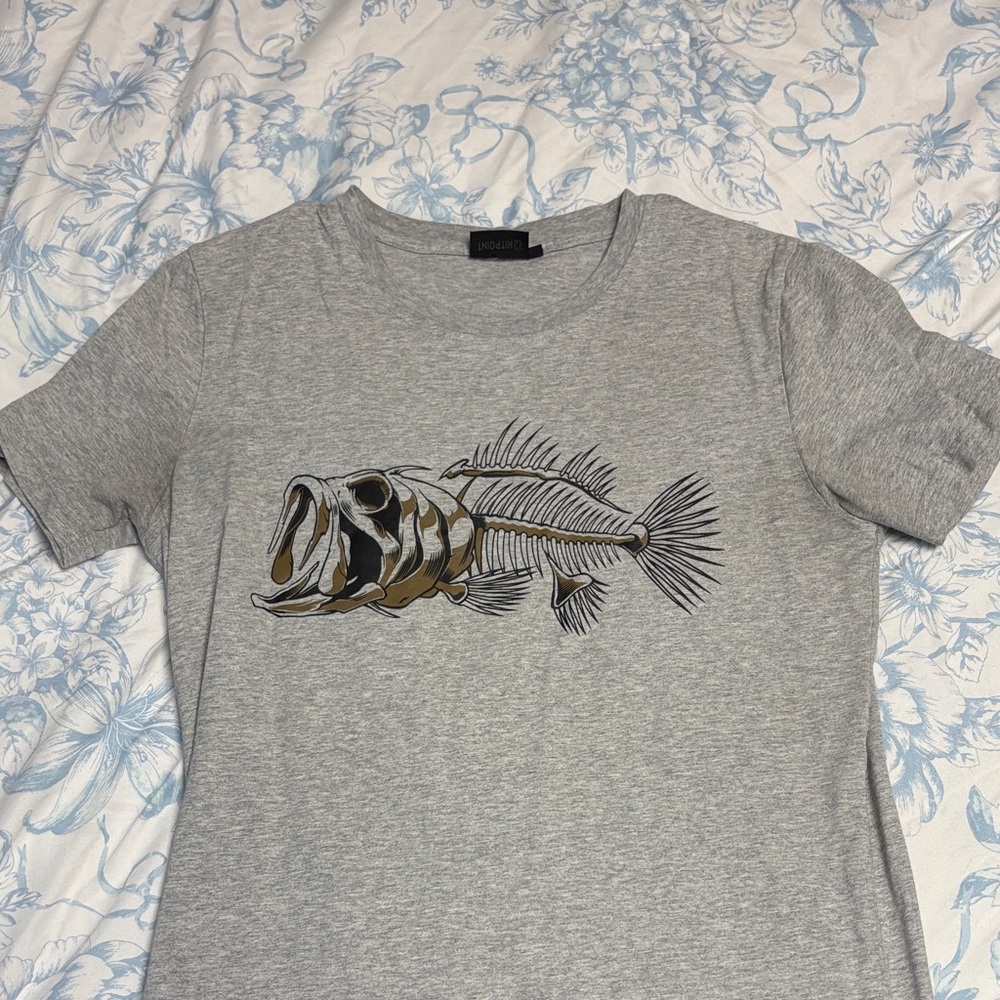 Gray T-Shirt with Fish Skeleton Design